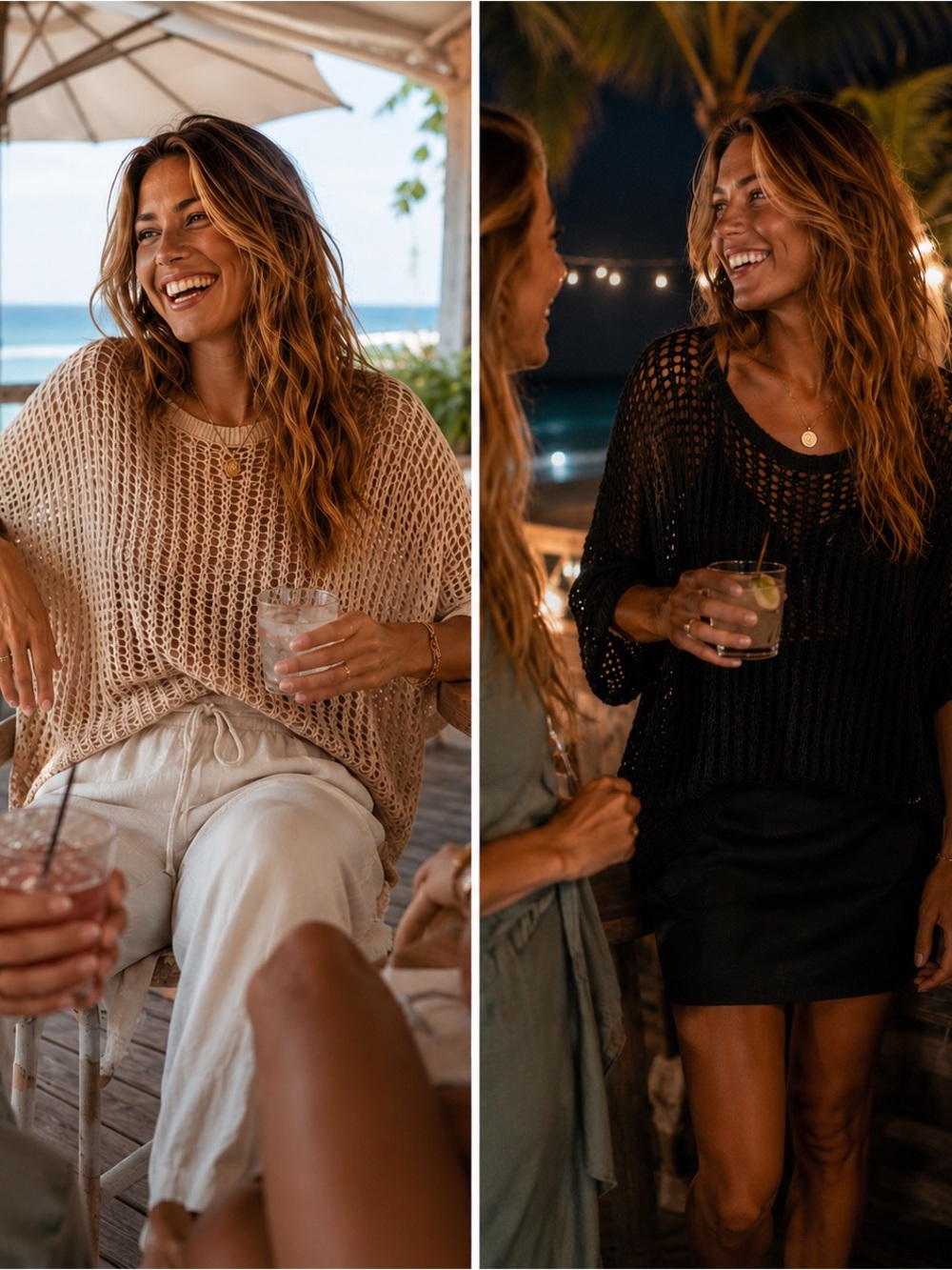 Open Knit Crochet Sweater Bundle Beige & Black Boho Beachy Coastal Grandmother